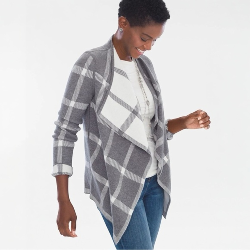 Chico's Reversible‎ Windowpane-Print Cardigan Draped Open Front Long Sleeve